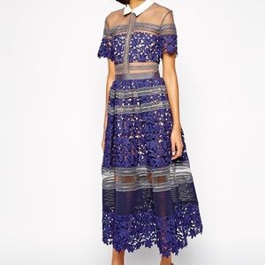 Blue Midi lace dress with white collar
